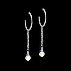 COEUR DE LION Earrings Creole Ypsilon Chain Crystal Pearl, Crystals & Stainless Steel Silver-Light Blue