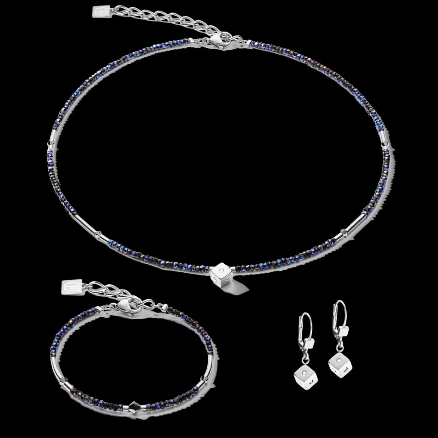COEUR DE LION Earrings Cube Crystal Dot Stainless Steel & Crystal Glass Midnight Blue-Silver