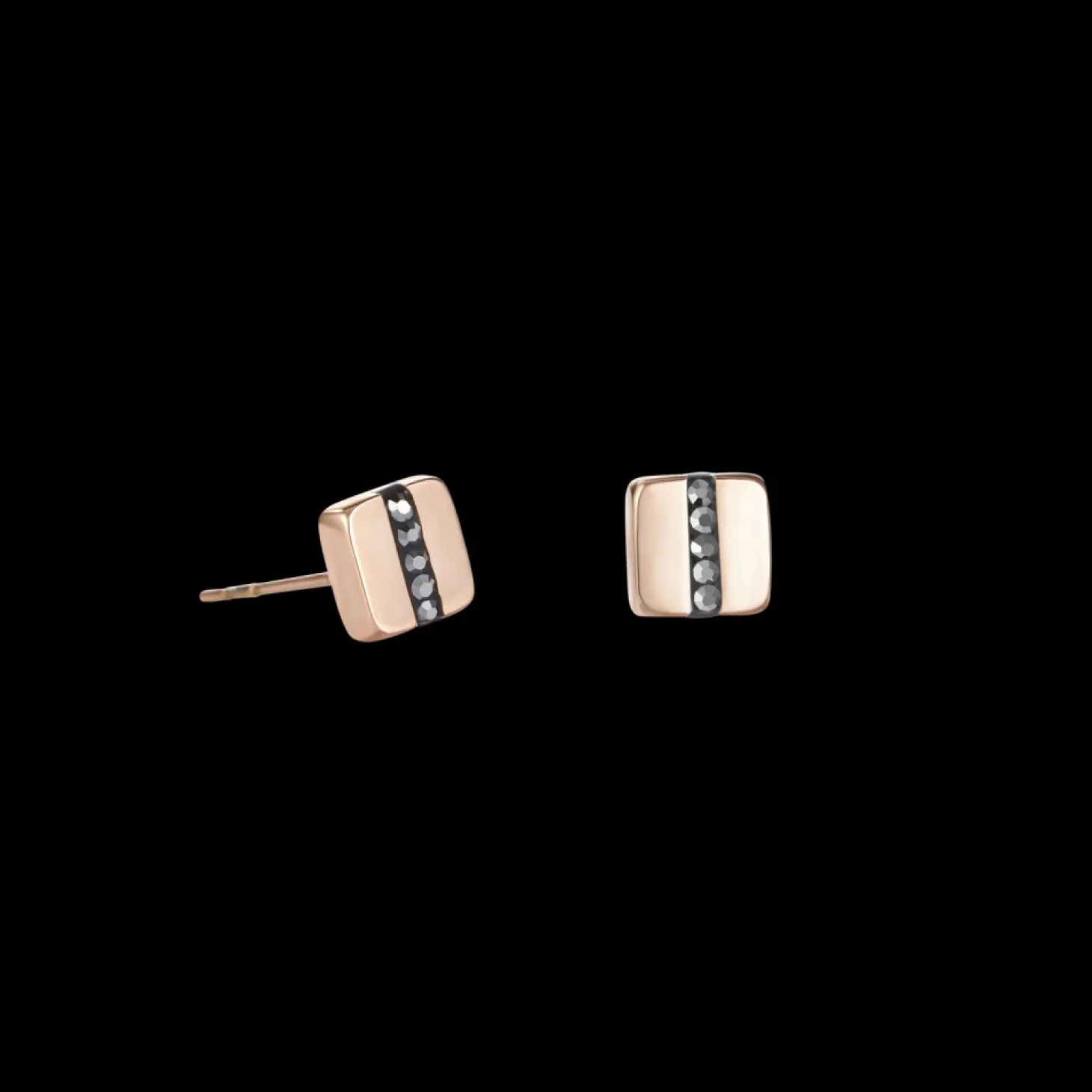 COEUR DE LION Earrings Stainless Steel Square Rose Gold & Crystals Pave Strip Anthracite