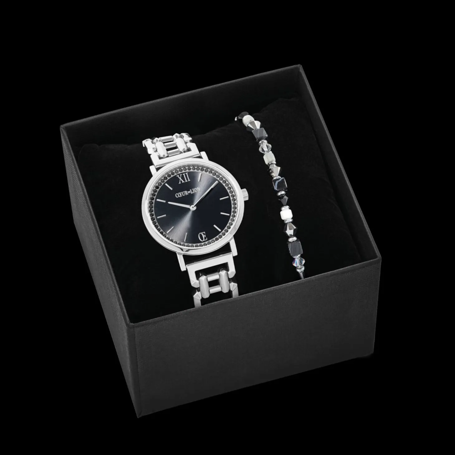 COEUR DE LION Gift Set Watch Round Sparkling Mysterious Black Silver & Princess Shape Mix Bracelet Black-White
