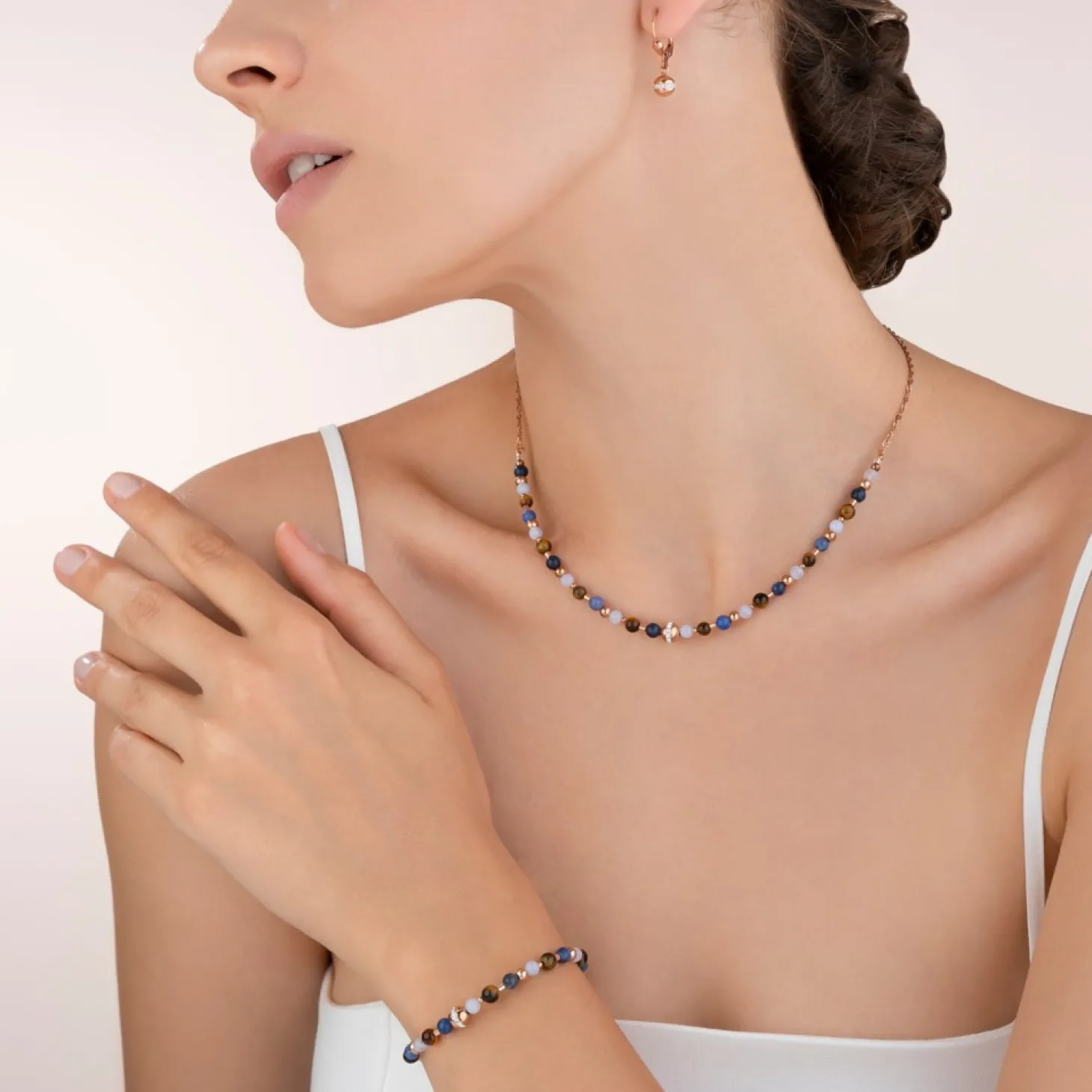 COEUR DE LION Necklace Ball Stainless Steel Rose Gold & Gemstones Blue-Brown
