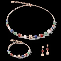 COEUR DE LION Necklace Geocube® Big Kristall Pave Cube, Edelsteine & Edelstahl Rosegold Multicolor Gemstone