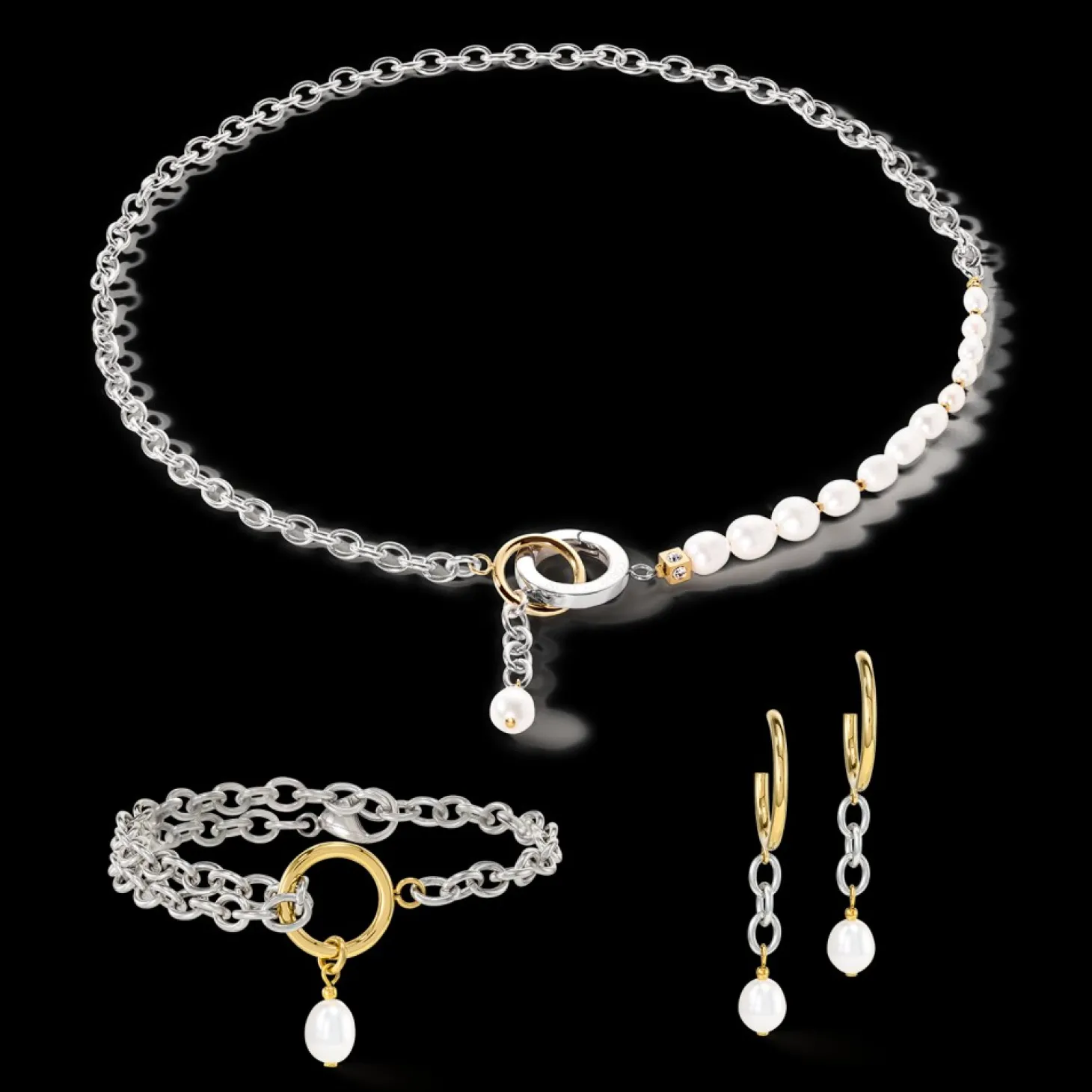 COEUR DE LION Necklace Y & Oval Freshwater Pearls With O-Ring Bicolor